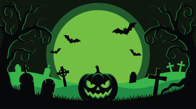 A spooky halloween background featuring a glowing green moon silhouette of flying bats and a carved jack o lantern in a graveyard