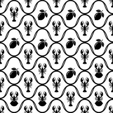 Black and white lobster and lemon seamless pattern with seafood mediterranean themes and wavy lines for coastal kitchen decor and textile design