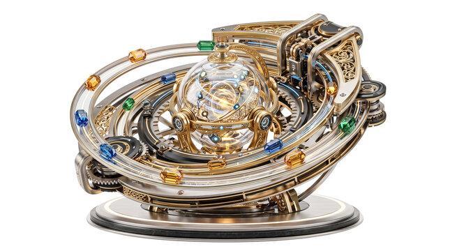 Steampunk orrery with gold gears and colorful gemstones. Intricate mechanical solar system model. Luxury astronomical clockwork art.