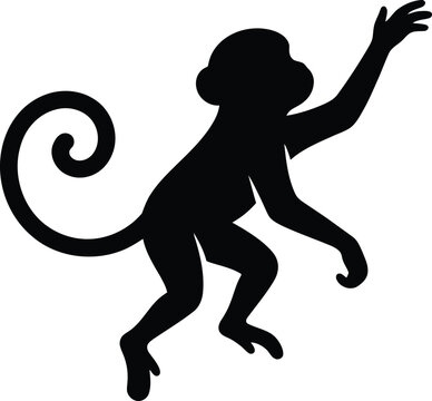Black silhouette of a cute monkey climbing or reaching with a long curly tail isolated icon
