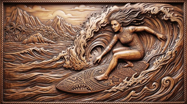 Polynesian-inspired surf wood carving features vibrant tribal patterns and a central female surfer 
