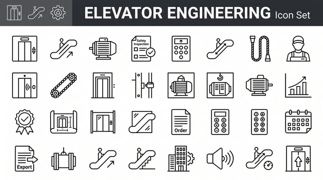 Elevator and escalator engineering icon set with safety inspection, maintenance, and installation symbols.