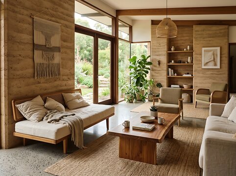 Sustainable Living Room with Rammed Earth Walls and Teak Coffee Table