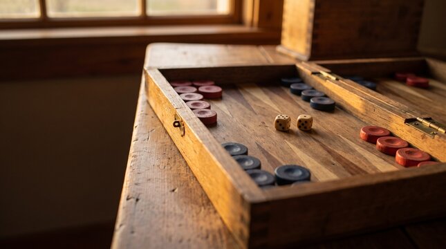 Backgammon Board Game Played on a Vintage Wooden Table Near a Bright