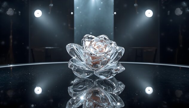 Elegant crystal rose on reflective glass, subtle sparkle, luxury studio composition