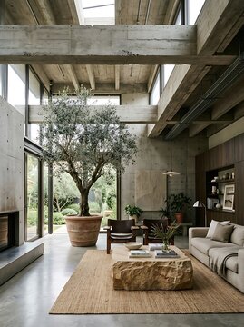 High-Ceiling Modern Living Room with Concrete Beams and Olive Tree