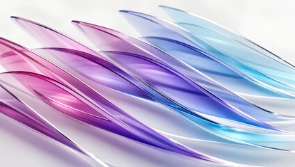 Fototapeta premium Translucent glass feathers or leaf shapes in shades of pink, purple, and blue, arranged in a diagonal pattern on a clean white background surface