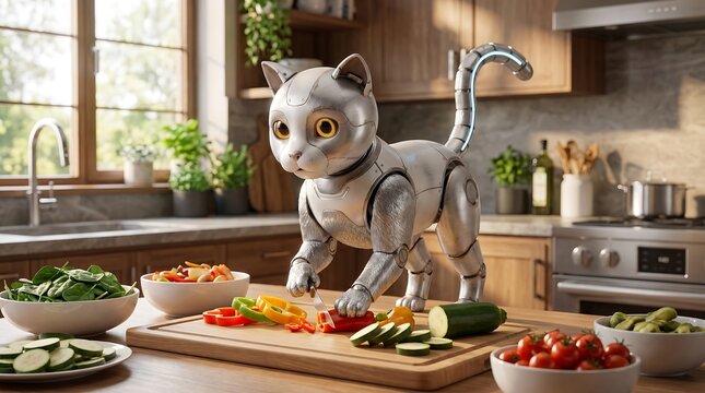 Robot cat preparing healthy vegetables in modern kitchen