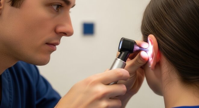 Doctor examining a patient's ear with an otoscope, focusing on hearing health and medical examination.
