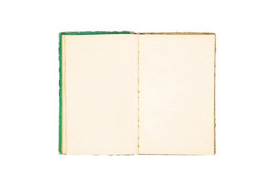 Open vintage book with blank pages and green cover isolated on white back