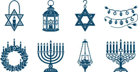 Naklejka premium Traditional Jewish Symbols and Ritual Items Depicted in Artistic Blue and White Illustrations for Religious Observance