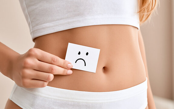 Woman holding sad face card on abdomen, representing discomfort or stomach issues, conveying feeling of illness or pain