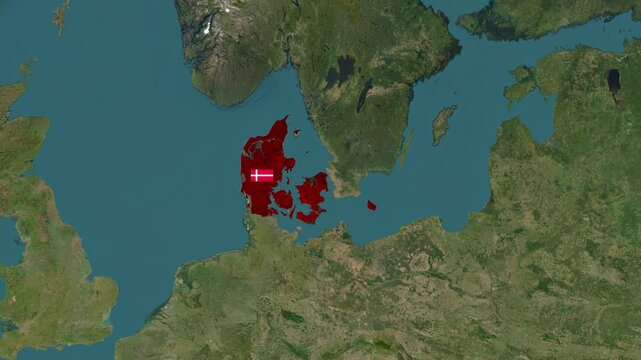 Denmark map highlighted on European satellite view motion animation clip