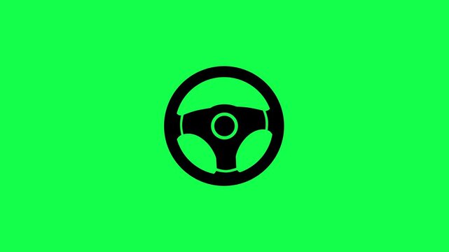 Animated steering wheel icon on green background. Car steering wheel turning and returning to its original position. Automotive steering wheel turning icon with spinning road markings