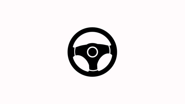 Animated steering wheel icon on white background. Car steering wheel turning and returning to its original position. Automotive steering wheel turning icon with spinning road markings