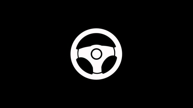 Animated steering wheel icon on black background. Car steering wheel turning and returning to its original position. Automotive steering wheel turning icon with spinning road markings