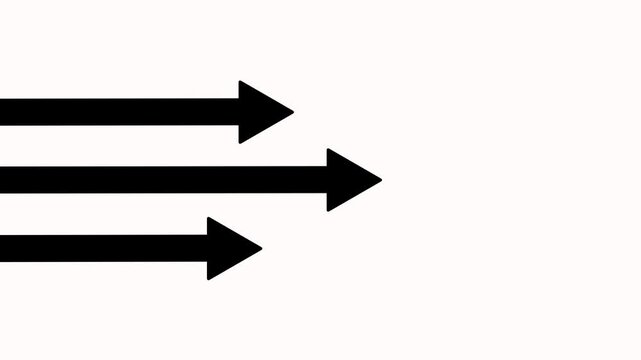 Animated three right-pointing arrows stacked vertically on a plane on white background. Three arrows pointing and moving to the right side for versatile project integration. Motion graphic elements
