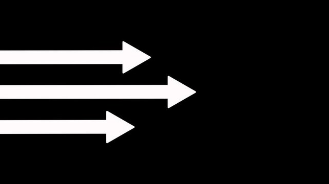 Animated three right-pointing arrows stacked vertically on a plane on black background. Three arrows pointing and moving to the right side for versatile project integration. Motion graphic elements