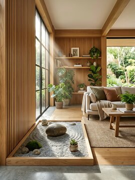 Biophilic Living Room with Indoor Gravel Zen Garden and Oak Wall