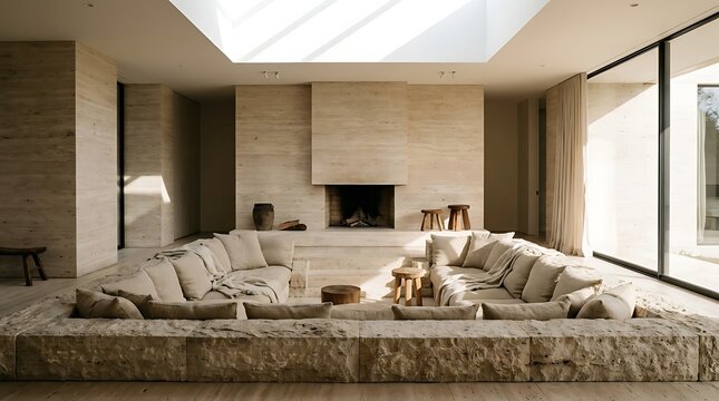 Sunken Conversation Pit in Travertine Living Room with Linen Cushions