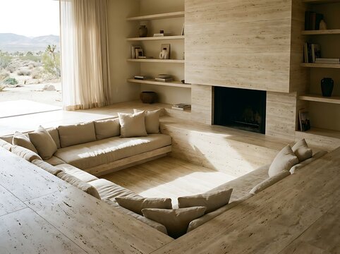 Sunken Conversation Pit in Travertine Living Room with Linen Cushions