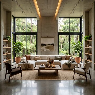 Symmetrical Eco-Brutalist Living Room with Concrete Floor and Modular Sofa