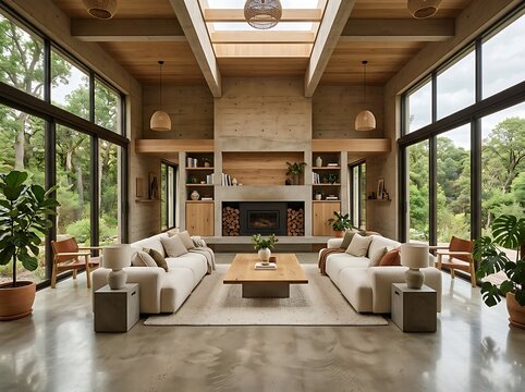 Symmetrical Eco-Brutalist Living Room with Concrete Floor and Modular Sofa