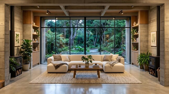 Symmetrical Eco-Brutalist Living Room with Concrete Floor and Modular Sofa