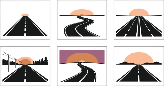 Minimalist road sunset vector set, 6 highway landscape icons, flat asphalt path illustrations for travel and logistics branding