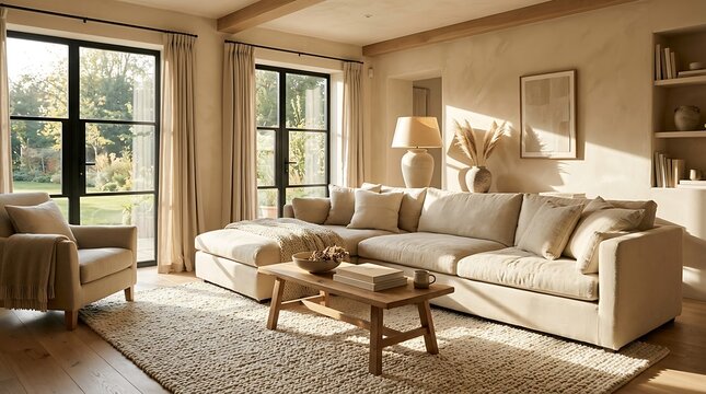 Warm Beige Living Room with Linen Sectional and Wool Rug