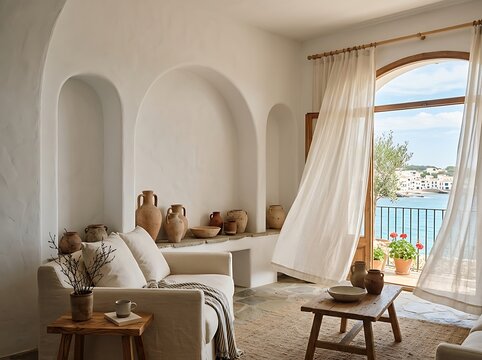 Mediterranean Minimalist Living Room with Arched Alcoves and Clay Pottery