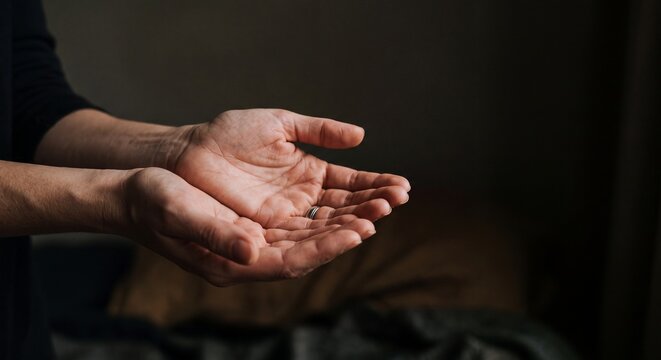 Close Up Of Open Empty Hands Offering Help To Someone In A Dark Room