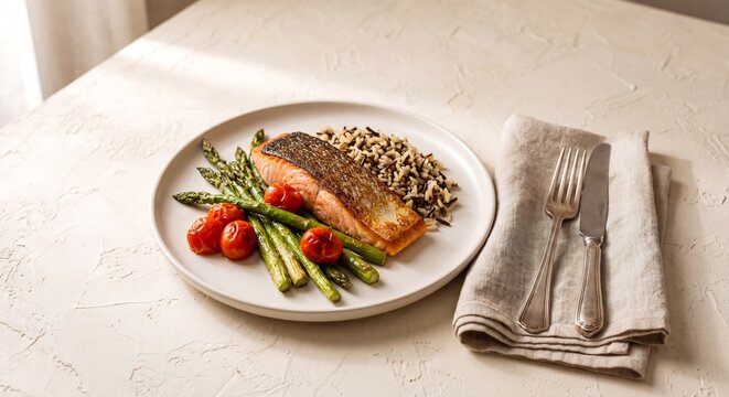 Roasted Salmon Fillet with Asparagus and Wild Rice Served on a Clean
