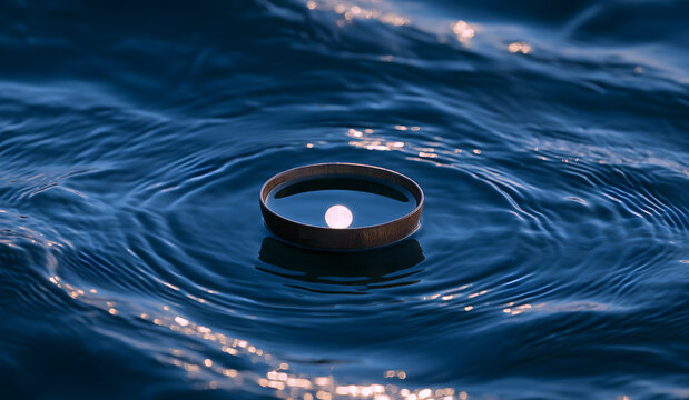 Han Jin literati elegance minimalist imagery, wooden wine pot floating on deep blue water, moon reflection inside cup, vast negative space, poetic solitude, commercial asset for poster, packaging, edu