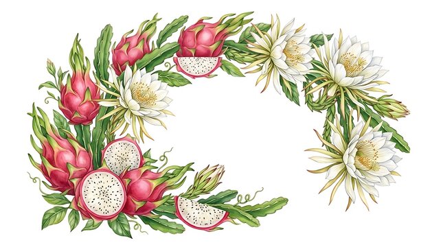 Watercolor illustration of a decorative wreath made with fresh dragon fruit and blooming pitaya flowers isolated