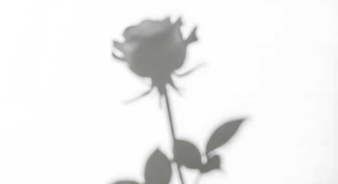 A soft, blurred gray shadow of a rose flower with leaves cast on a clean white background, creating a romantic and minimalist aesthetic.