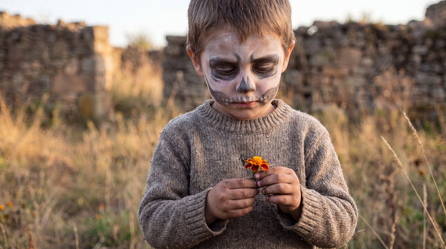 Young boy with skull face paint holding a small flower