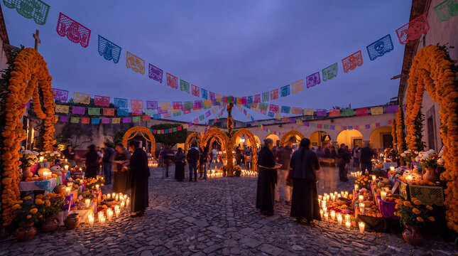 People celebrating Day of the Dead with altars and flowers