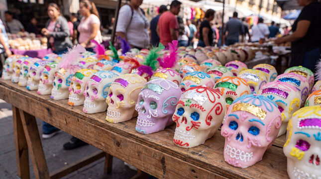 Sugar skulls decorated for Day of the Dead on market table