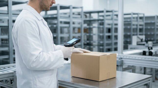 Worker wearing white coat and gloves scanning a cardboard box using a barcode reader in a clean, modern warehouse