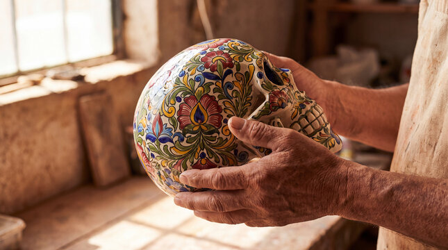 Artisan holding a hand painted decorative ceramic skull in workshop