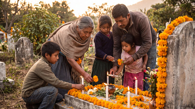 Family gathering at cemetery for Day of the Dead celebration