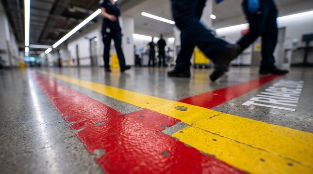 Hospital triage floor markings in a busy emergency department corridor with medical staff walking