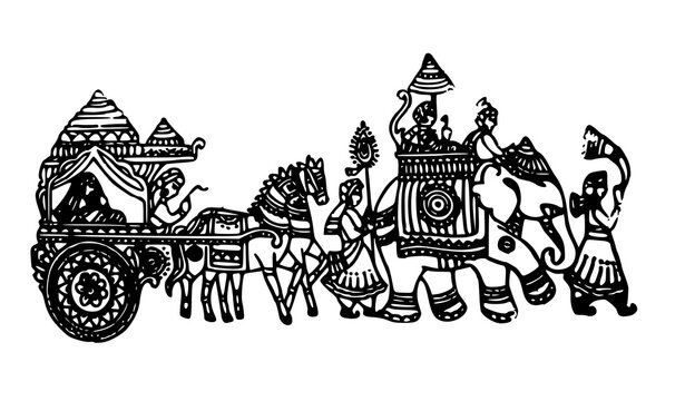 Traditional indian wedding procession line art illustration showing elephant horse carriage and musicians with procession elephant carriage musicians traditional ceremony illustration heritage