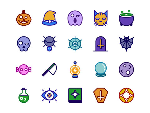 Halloween filled icon collection featuring pumpkins, ghosts, witches, cats, skulls, spiders, bats, potions, coffins, and magical symbols for spooky seasonal design projects.
