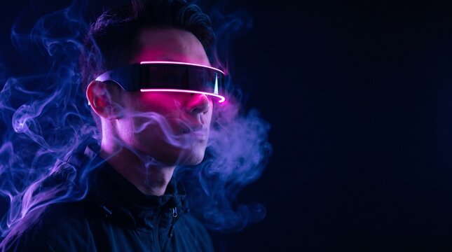 Portrait of a Young Man Wearing Cyberpunk Glasses with Neon Smoke in