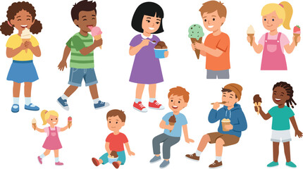 Fototapeta premium Flat Vector Set of Diverse Children Eating Ice Cream and Enjoying Different Activities