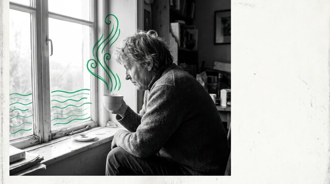 Senior male sips coffee by window as illustrated steam and waves drift beside her