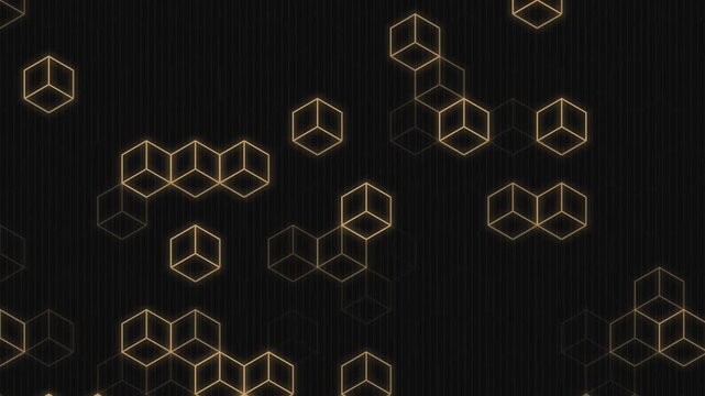 Glowing gold isometric cube pattern background on dark surface