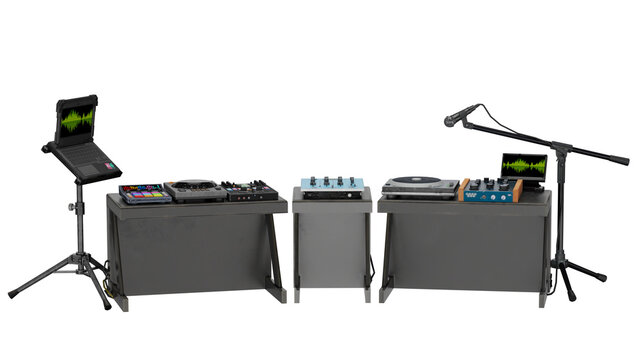3d rendering splatoon dj booth setup with equipment and screens